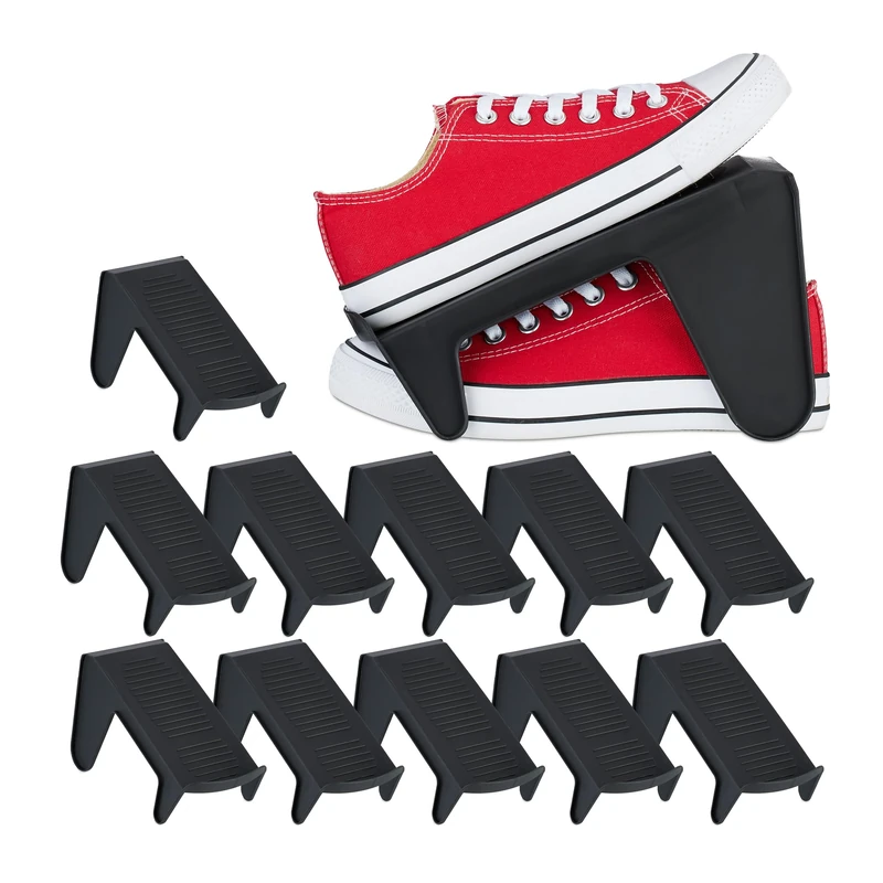 Relaxdays Shoe Stacker, 12x Set, up to Size 39, Wardrobe & Closet Storage Solution, Organisation System, Plastic, Black