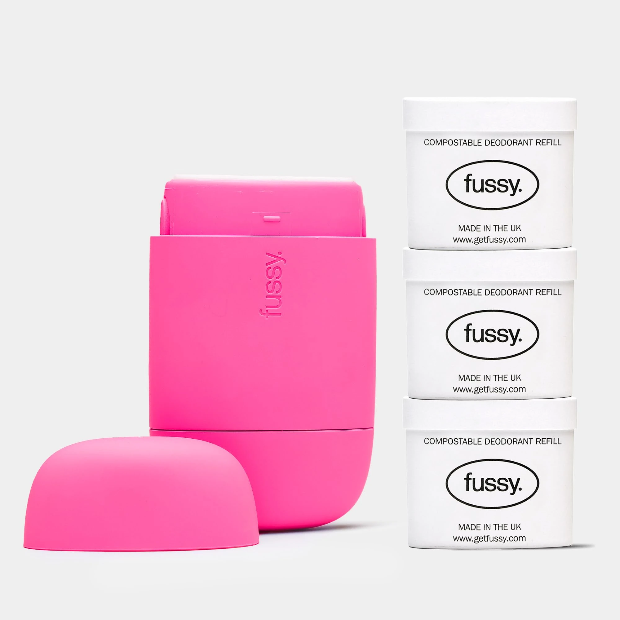 Fussy - Natural Refillable Deodorant - Aluminium Free - 24 Hour Protection - Hot Pink Case & Variety Refill Pack (3 x 40g) - Citrus, Floral & Mint - Vegan & Cruelty Free - 100% Natural & Effective