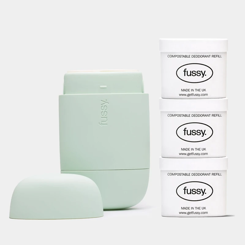Fussy - Natural Refillable Deodorant - Aluminium Free - 24 Hour Protection - Lime Scent (3 x 40g) & Mint Green Case - Lime, Basil & Mandarin - Vegan & Cruelty Free - 100% Natural & Effective