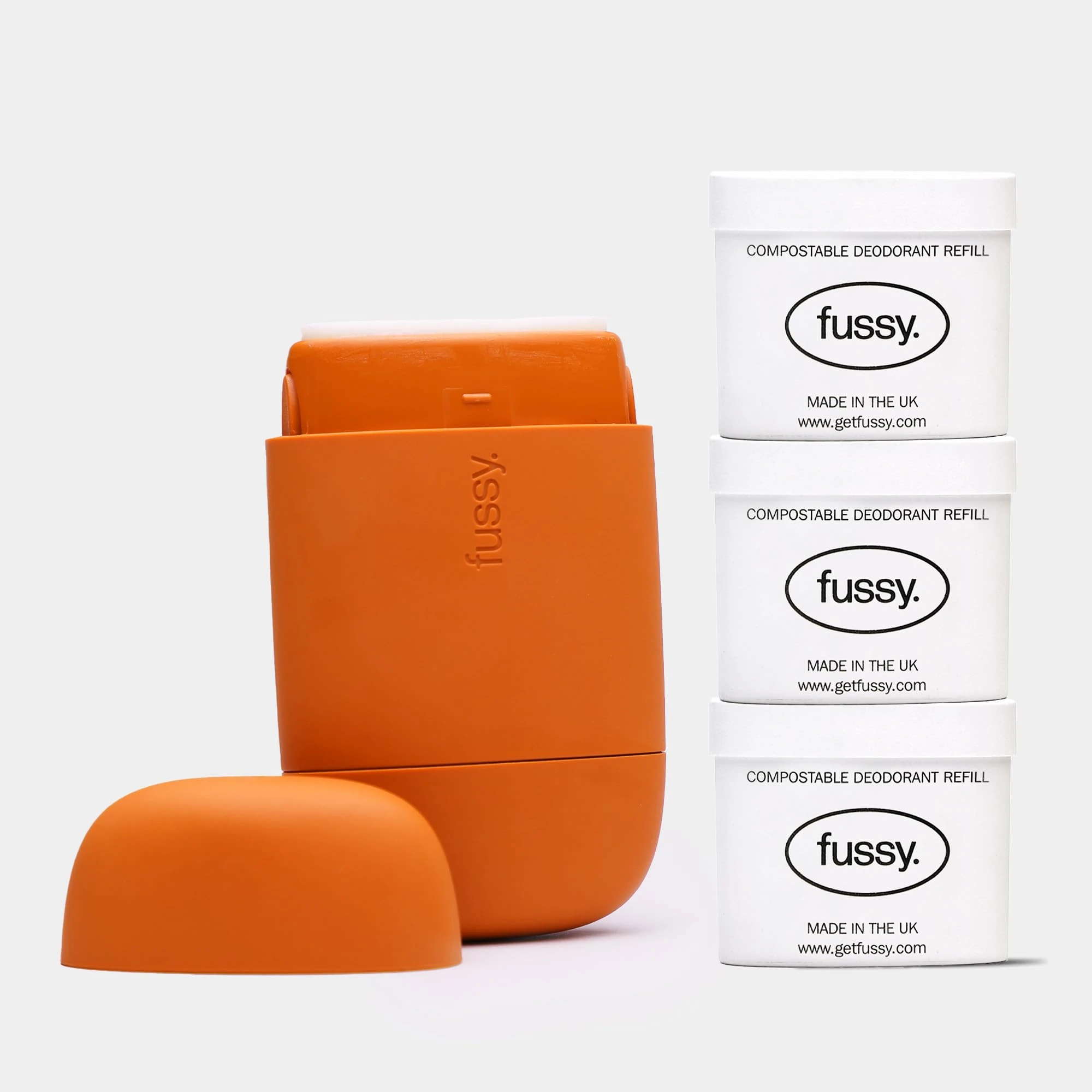 Fussy - Natural Refillable Deodorant - Aluminium Free - 24 Hour Protection - Citrus Scent (3 x 40g) & Burnt Orange Case - Mandarin, Grapefruit & Pepper - Vegan & Cruelty Free - 100% Natural
