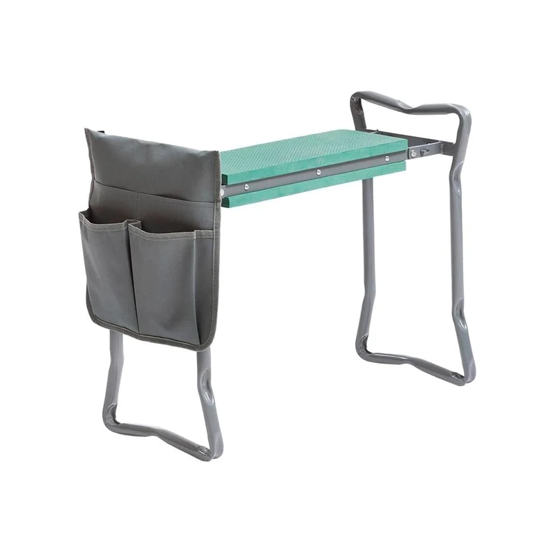 Avilia Folding Garden Chair - Stool with Tool Bag, 2 Positions, Foldable, Iron and Oxford Fabric, 60 x 49 x 27.5 cm, Grey and Green