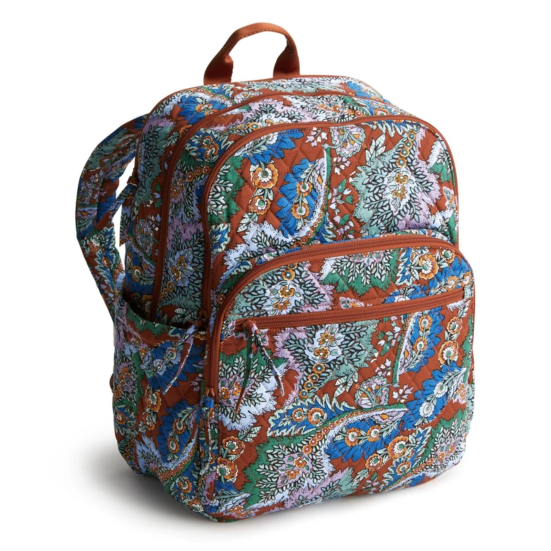 Vera Bradley Women's Cotton Large Bancroft Backpack Bookbag, Flowers + Feathers, One Size