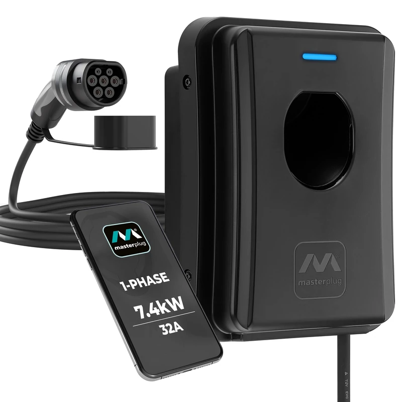 Masterplug Smart EV Home Wall Charger for Type 2 Electric and Plug-In Hybrid Vehicles, Tethered with 5m Cable, Mode 3, App Control, Solar Charging, Single Phase, Black, IP55, 7.4kW, 32A, EVCM3ST7B-MP