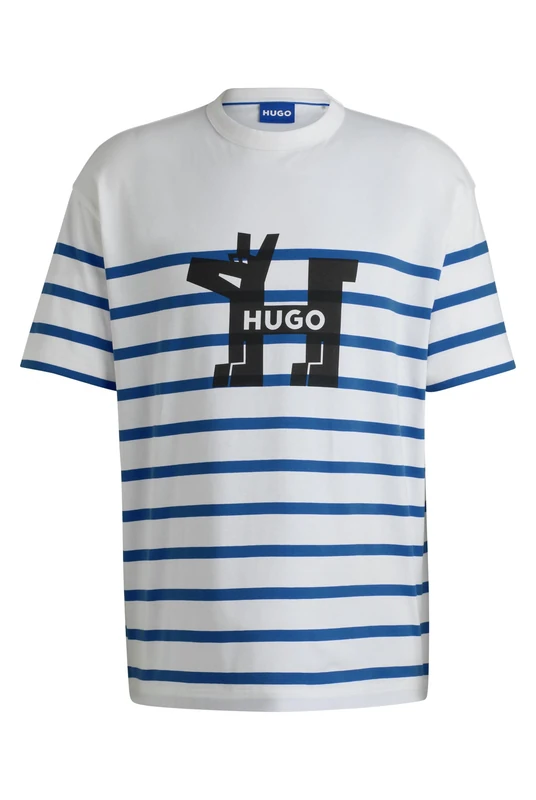 HUGO Men's Nolastripe Loose-Fit Cotton Jersey T-Shirt with Dog Logo, White, XXL - Image 1