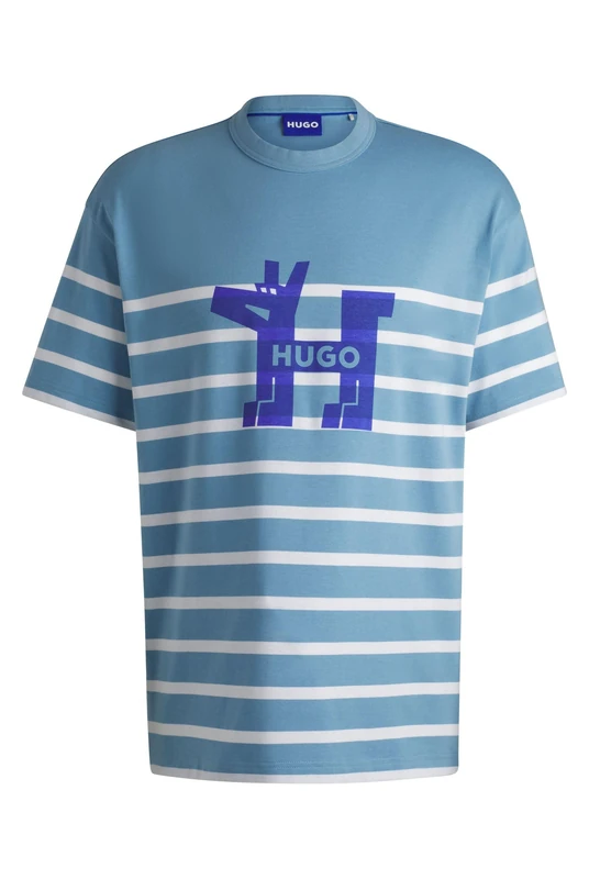 Hugo Men's Nolastripe Loose-Fit Cotton Jersey T-Shirt with Dog Logo, Light/Pastel Blue, M