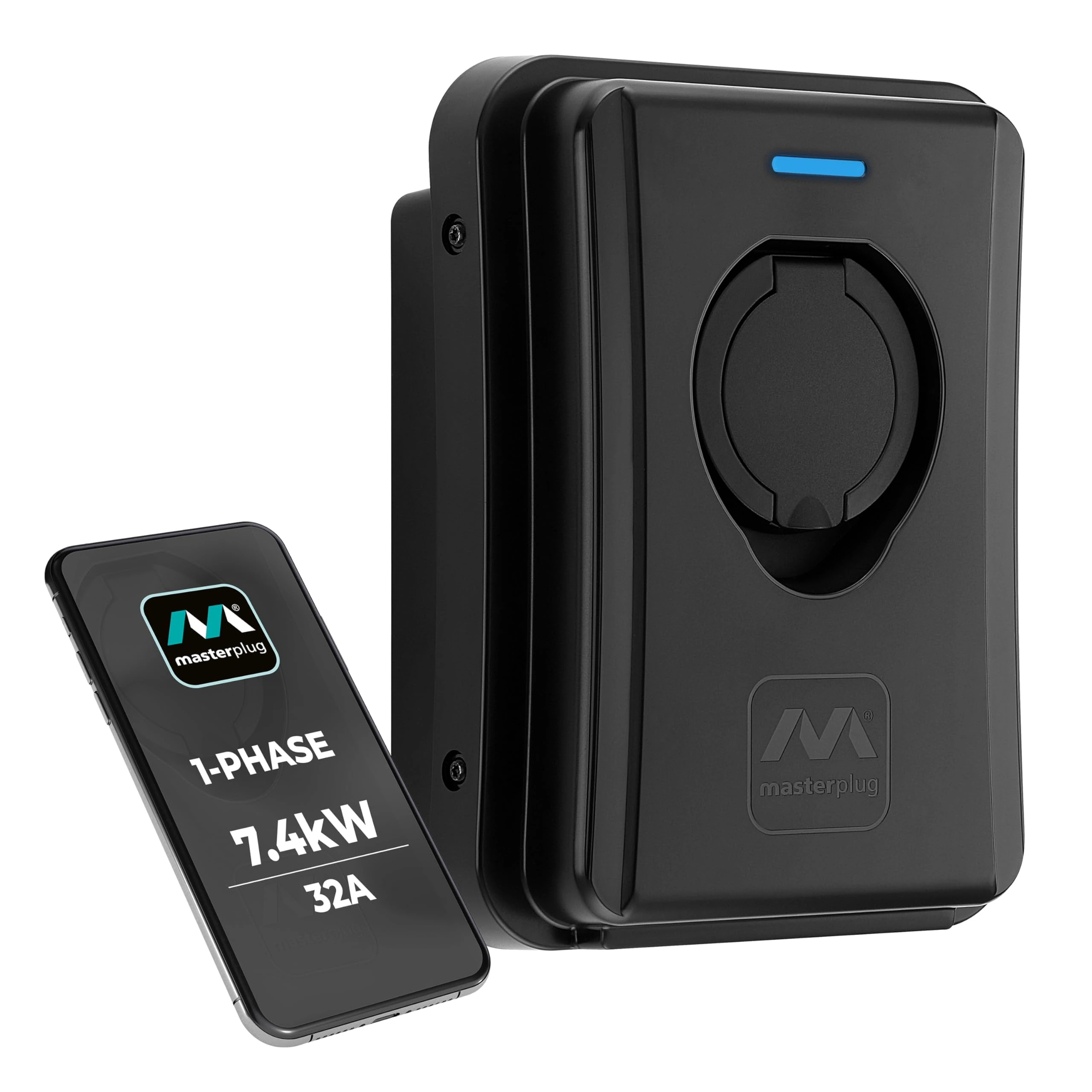 Masterplug Smart EV Home Wall Charger for Type 2 Electric and Plug-In Hybrid Vehicles, Socketed, Mode 3, Auto-Lock, Solar Charging, Single Phase, Wi-Fi, Black, IP55, 7.4kW, 32A, EVCM3SS7B-MP