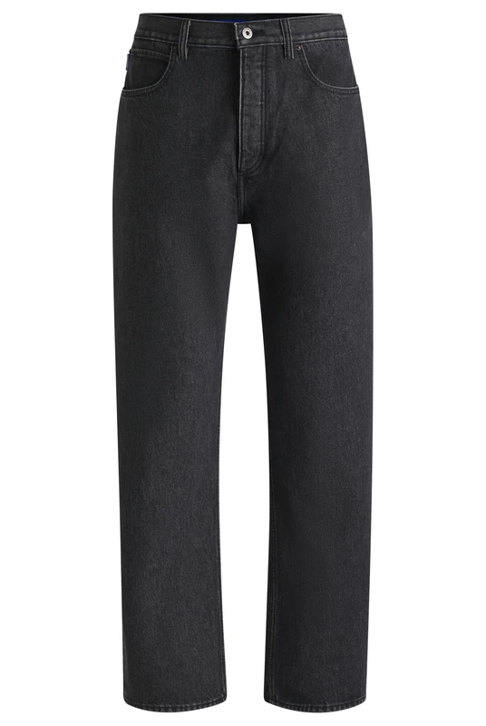 HUGO Mens Nate Baggy-fit Jeans in Black Stonewashed Denim