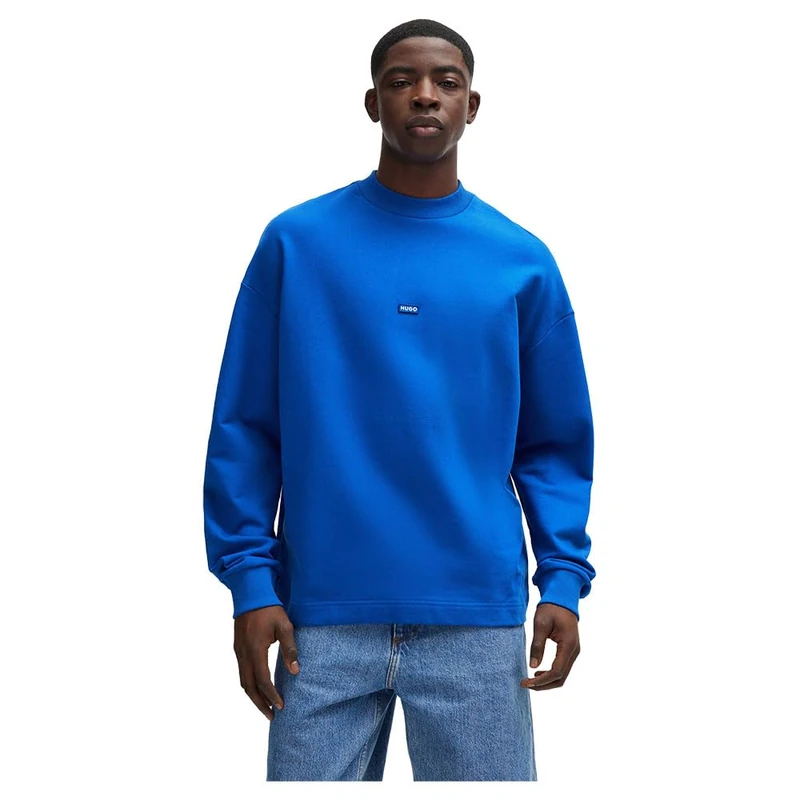 Hugo Men's Nedro Cotton Terry Sweatshirt with Blue Logo Patch, Open Blue, XS