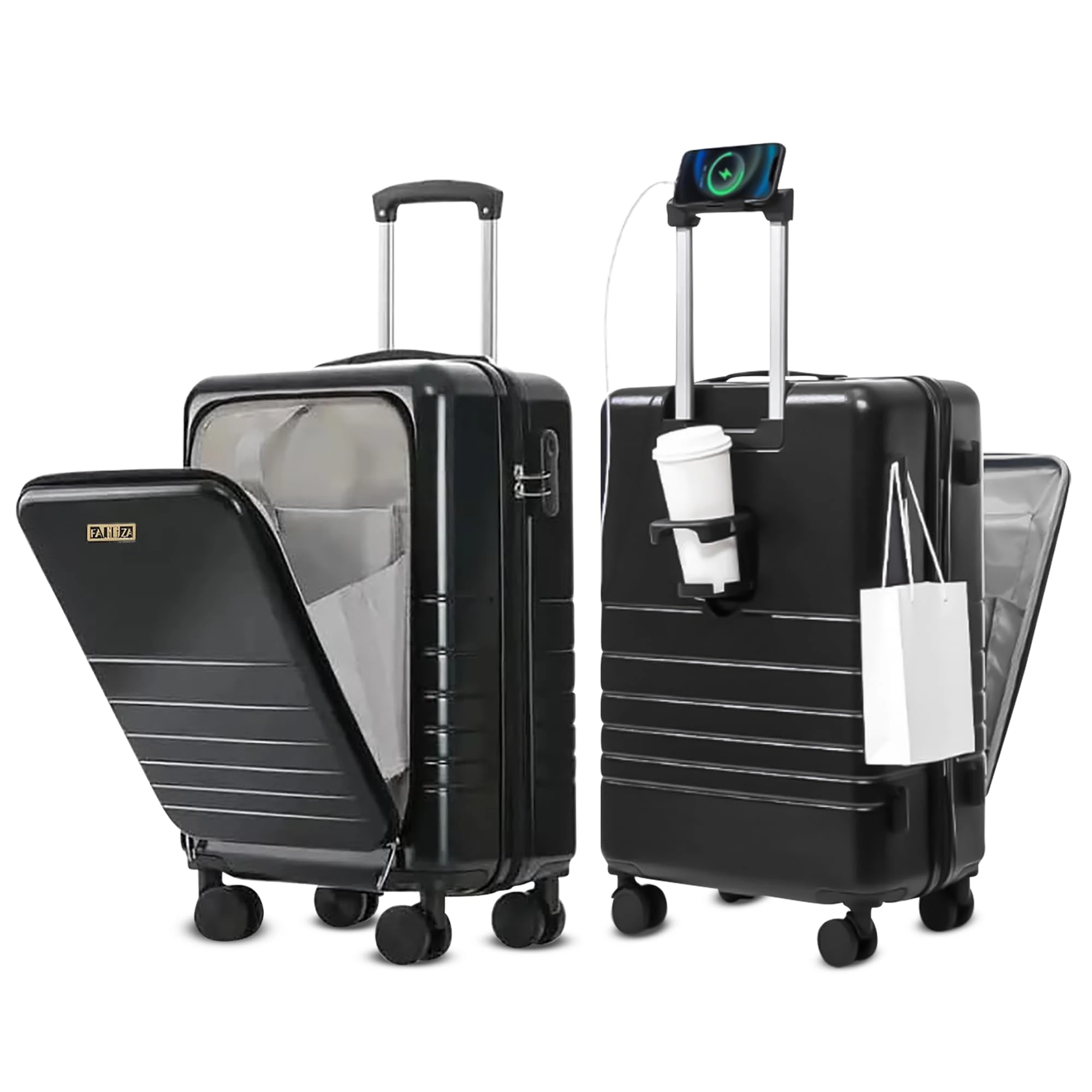 Fagoza Hardside 22x14x9 Airline Approved Carry-On Luggage with Front Pocket, USB Charging Port, and Cup holder, Black, 22x14x9, Pc Hardside Front Open Carry-on Luggage With Spinner Wheels
