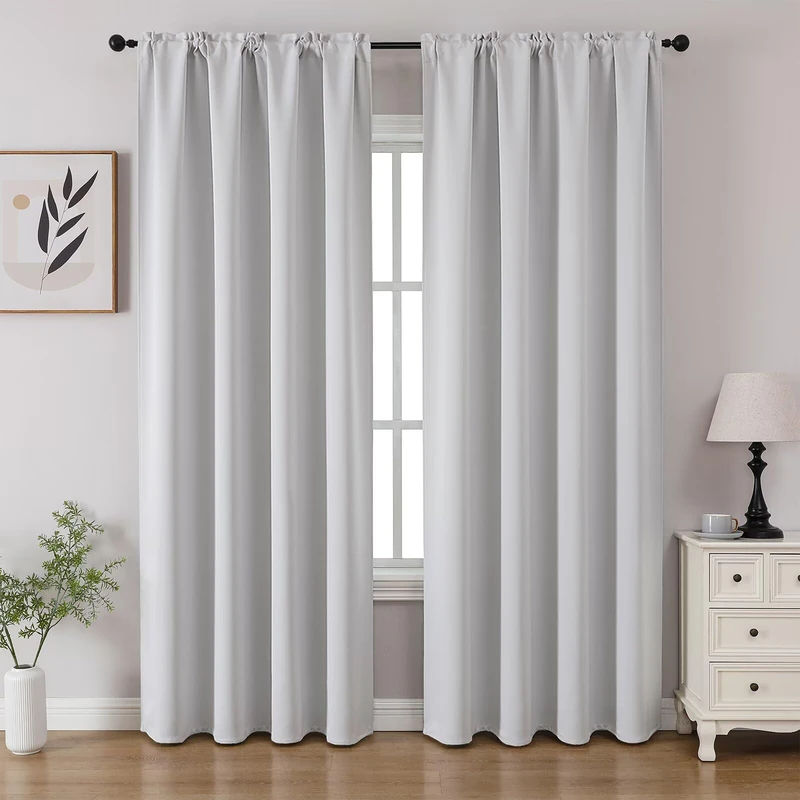 CUCRAF Grayish White Blackout Curtains 96 inch Length 2 Panels Set, Rod Pocket Room Darkening Drapes for Bedroom Living Room, Insulated Thermal Light Blocking Window Curtain (W52 x L96 Inch)