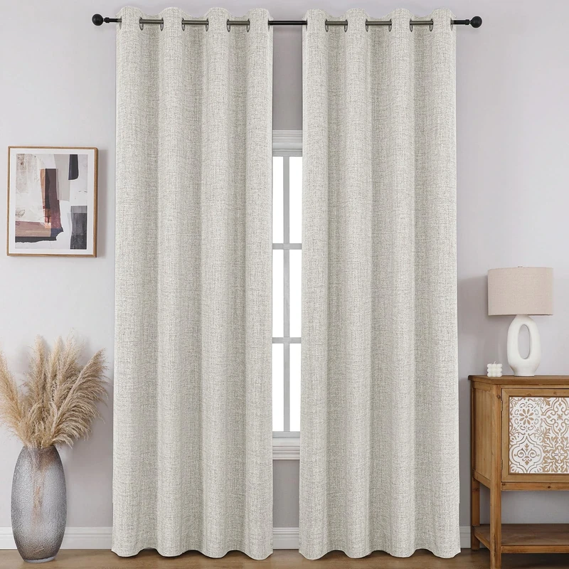 CUCRAF 100% Total Blackout Curtains 84 Length for Window Treatment, Faux Linen Thermal Insulated Grommet Drapes for Bedroom/Living Room, Set of 2 Curtain Panels(Light Beige, 52 x 84 inches)