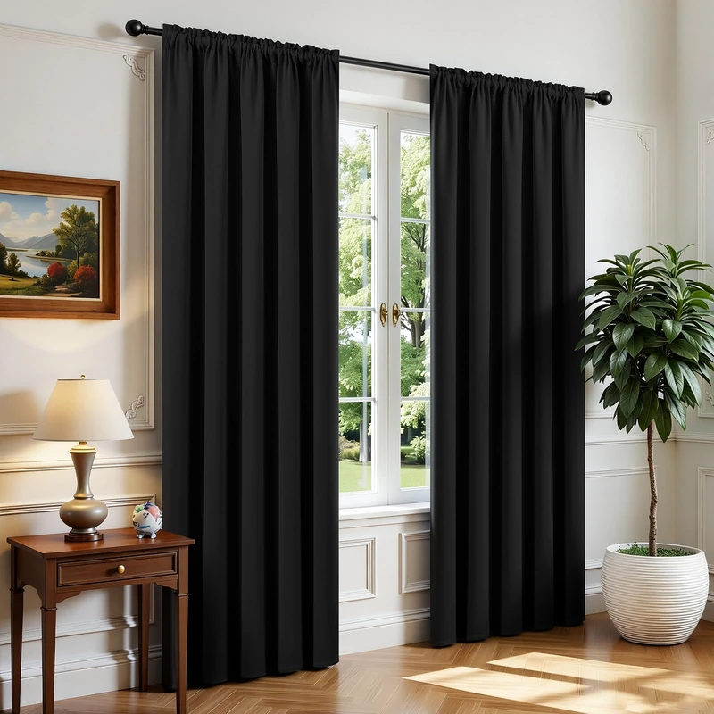 CUCRAF Black Blackout Curtains 108 inch Length 2 Panels Set, Rod Pocket Room Darkening Drapes for Bedroom Living Room, Insulated Thermal Light Blocking Window Curtain (W52 x L108 Inch)