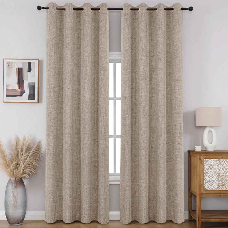 CUCRAF 100% Total Blackout Curtains 54 Length for Window Treatment, Faux Linen Thermal Insulated Grommet Drapes for Bedroom/Living Room, Set of 2 Curtain Panels(Light Khaki, 52 x 54 inches)