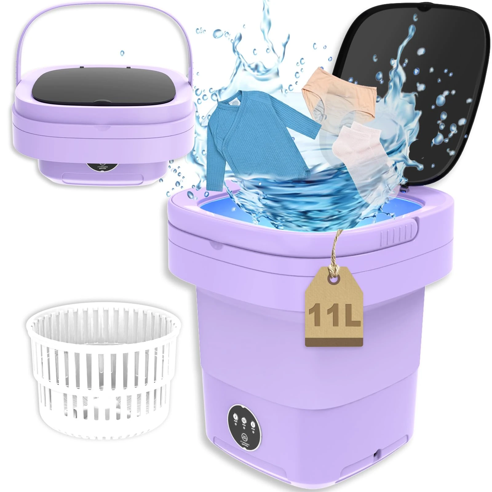 Portable Washing Machine, 11L Weighs 2kg 2 in 1 Foldable Washer and Dryer, Mini Washer Machine, Small Smart Laundry Machine with 3 Cleaning Modes for Baby Clothes, Underwear, Camping, RV, Travel