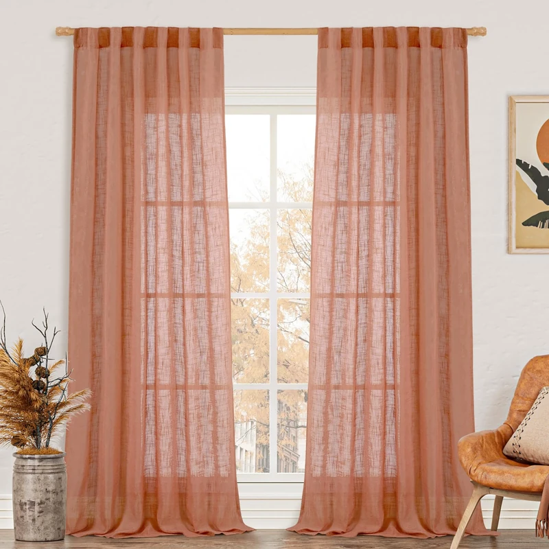 LAMIT Terracotta Linen Curtains - 90 Inch for Living Room, Fall Western Decor, Back Tab and Rod Pocket Boho Curtains - Burnt Orange Rustic Drapes for Bedroom, Set of 2, 52 x 90 Inch