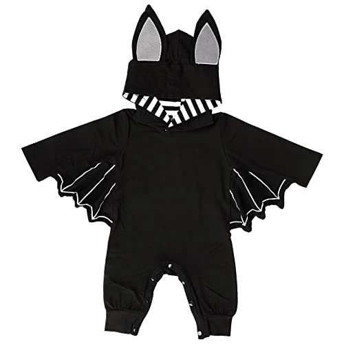Runmeihe One-Piece Romper Baby Halloween Costume, Funny Bat Hoodie Outfits Set with Ear Hat as Newborn Halloween Costumes 0-18 months