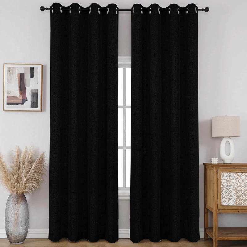CUCRAF 100% Blackout Window Curtains 84 inches Long 2 Panels Set, Faux Linen Look Thermal Insulated Grommet Drapes, Room Darkening Curtain for Bedroom Living Room(W52 x L84 Inch, Black)