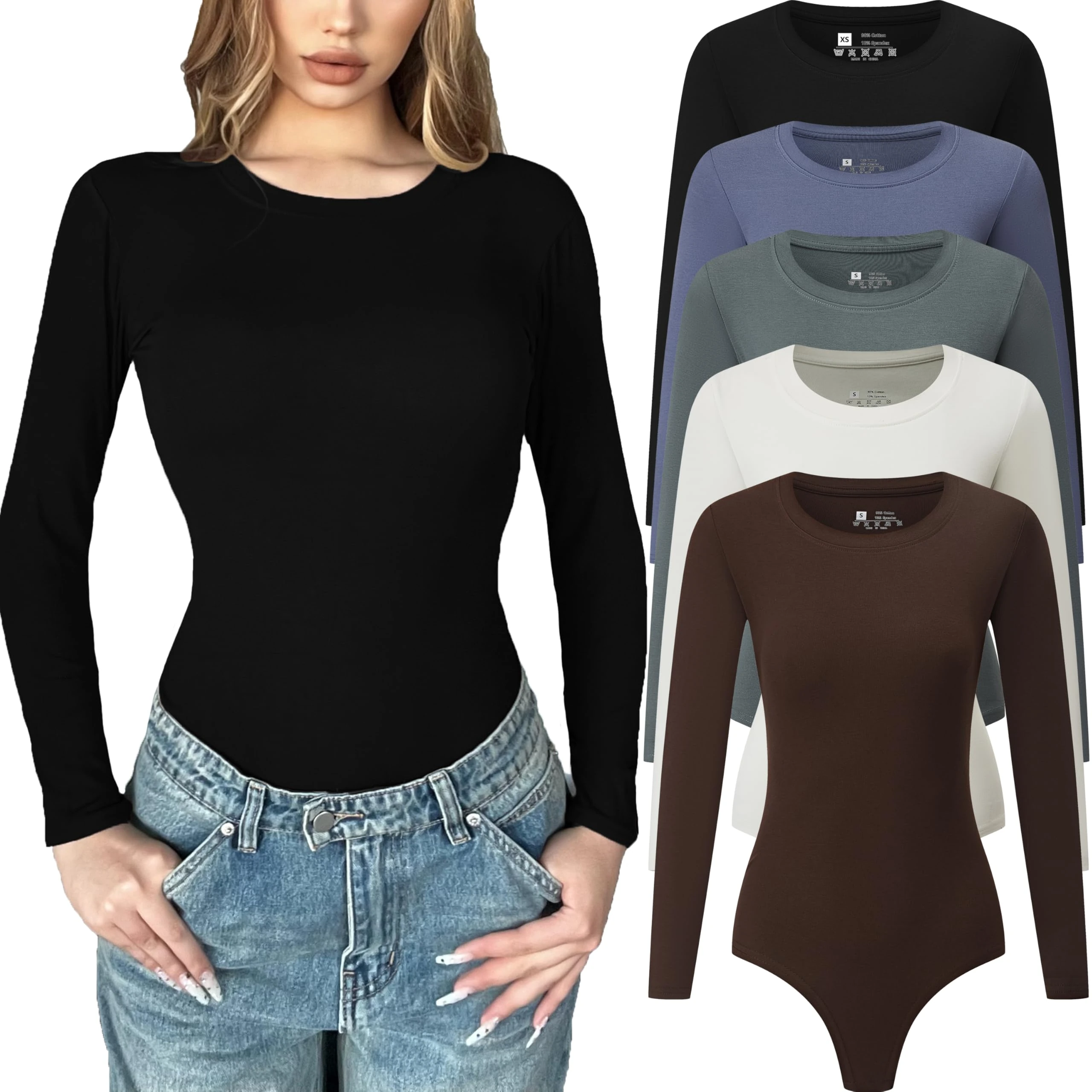Chongbaijia 5 Pack Long Sleeve Bodysuit for Women Crew Neck Casual Stretchy Basic T Shirt Body Suits Tops, 5 Piece：black/White/Coffee/Blue/Green, X-Large