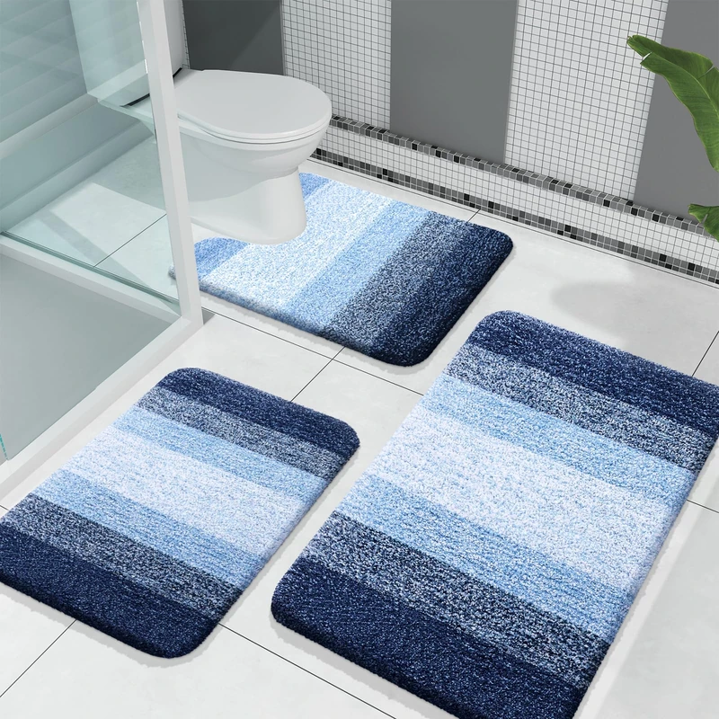 OLANLY Bathroom Rugs Sets 3 Piece, Soft Absorbent Microfiber Bath Mats and U-Shaped Contour Toilet Rug, Plush Shaggy Bath Mat Set for Bathroom (30"x20"+24"x16"+24"x20", Navy)