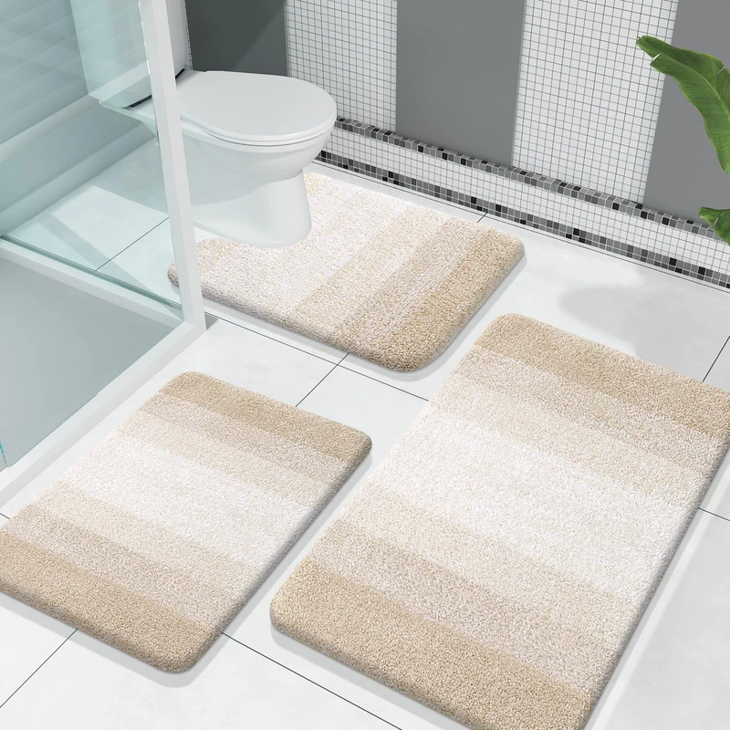 OLANLY Bathroom Rugs Sets 3 Piece, Soft Absorbent Microfiber Bath Mats and U-Shaped Contour Toilet Rug, Plush Shaggy Bath Mat Set for Bathroom (30"x20"+24"x16"+24"x20", Light Beige)