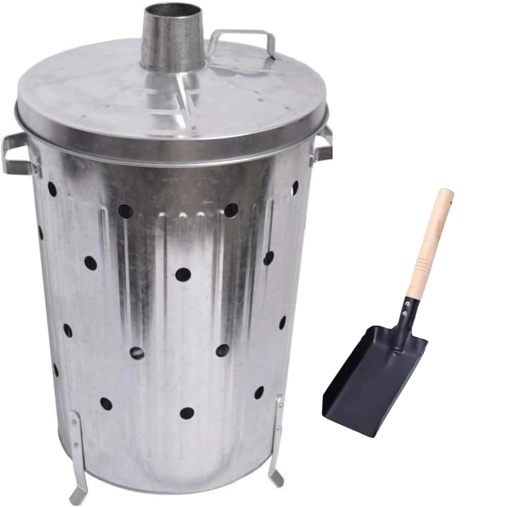 Trendi 90 Litre Extra Large 90L Galvanised Metal Incinerator + Shovel Recycle Garden Rubbish Fire Wood Burner Burning Leaves Hot Ash Bucket Coal & Box Lid (90L Incinerator & Shovel)