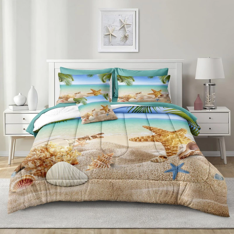 MOVE OVER Beach Comforter Set 8 Pieces King Size Bed in a Bag Conch and Starfish Pattern Ocean Beach Bedding Comforter Set Hawaii Scenery Tropical Palm Tree Bedding Set with 1 Cushion Cover