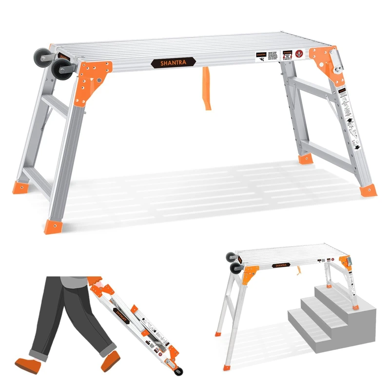 Multifunctional & Adjustable Work Platform with Wheels, 330 lbs Capacity, 24 to 35 inches Step Ladder, Aluminum Folding Scaffolding Ladder, Heavy Duty Portable Bench Ladder Stool with Non-Slip Feet
