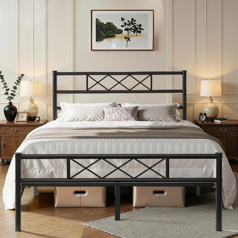 VECELO 4ft6 Double Bed Frame with Headboard, Metal Slats Support, No Box Spring Needed, Underbed Storage Space, Easy Assembly, Black