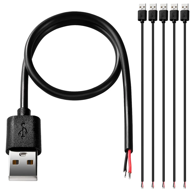 KUOQIY 5 PCS USB-A Male 2 Pin Bare Wire, 30cm 22AWG 2.0 Male Plug 2pin DIY Pigtail Cable 5V 3A for Equipment Installation or Replace Repair