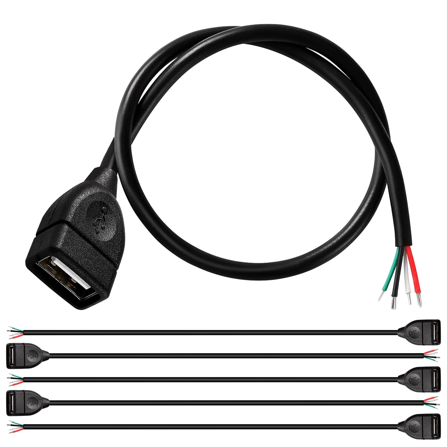 KUOQIY 5 PCS USB-A Female 4 Pin Bare Wire, 30cm 22AWG USB 2.0 Female Plug 4pin Wire DIY Pigtail Cable 5V 3A, for USB Equipment Installed or DIY Replace Repair