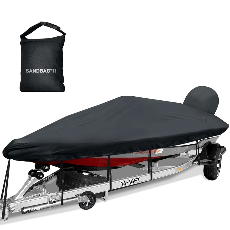 Caminor Boat Cover 14-15.8ft,Bass Tracker Boat Cover with Sand Bag Mooring Kit,1200D Marine Canvas Waterproof Heavy Duty Boat Covers for 14 feet 15ft 16' V Hull Bass & Runabout Boat, Black