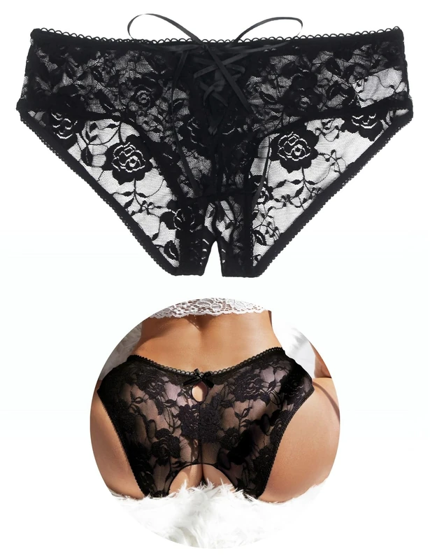 ohyeahlady Thongs for Women Sexy Panties Plus Size Sheer Lace Underwear Soft Stretchy French Knickers Low Rise Brazilian Knickers Underpants Lace Up Bikini Briefs 1 Pack Black Size 16 18 - Image 1
