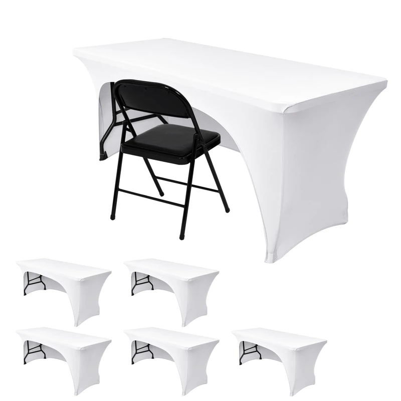 Nasitos 6 Pack White Tablecloth Rectangle for 8 Foot Tables-Open Back Fitted Stretch Spandex Table Covers, Washable Wrinkle-Free Trade Show Table Cover for Parties, Wedding, Banquet, Craft Fair
