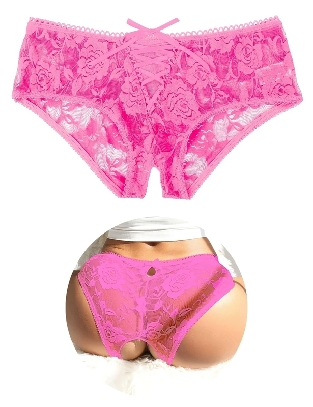 ohyeahlady Thongs for Women Sexy Panties Plus Size Sheer Lace Underwear Soft Stretchy French Knickers Low Rise Brazilian Knickers Underpants Lace Up Bikini Briefs 1 Pack Pink Size 16 18 - Image 1