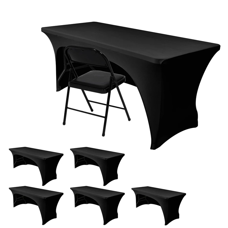 Nasitos 6 Pack Black Table Cloths - Rectangle, 8 ft, Spandex Stretch, Fitted, Washable, Wrinkle-Free, Trade Show & Party Tablecloths