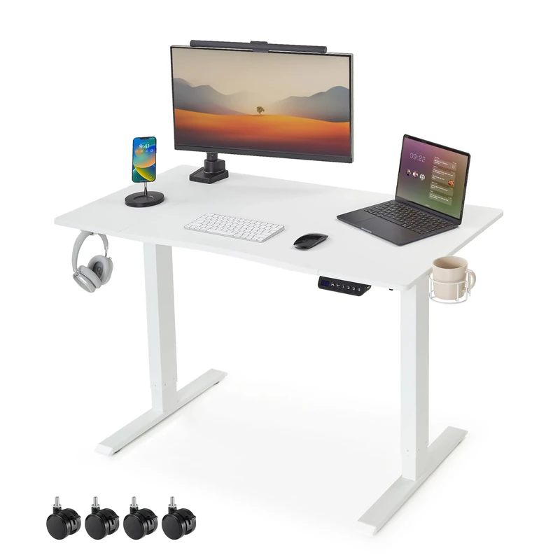 Mondeer Electric Standing Desk 120x60cm Sit Stand up Desk Height Adjustable with 3 Memory Setting and USB Charging Home Office, White