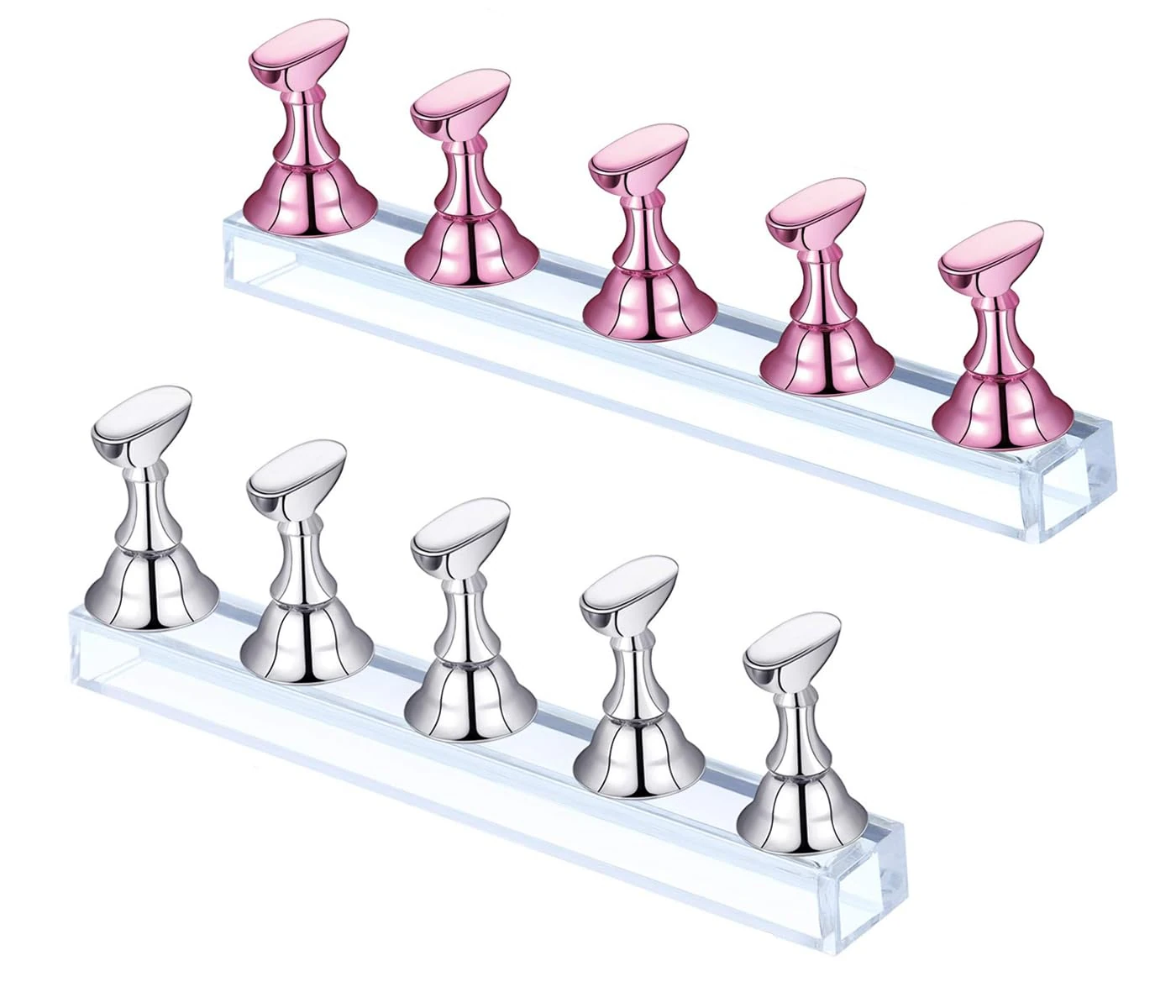 2 Sets Nail Stand Display - Magnetic Nail Tips Stand - Acrylic Nail Art Practice Stands - Acrylic Nail Display Stand,Nail Practice Holders,Nail Stands for Painting Nails for Homes&Salons (pink+silver)