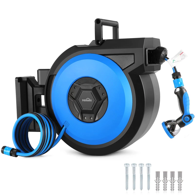 Garden Hose Box Wall Mounted 20 m, Automatic Hose Reel Water with 10-in-1 Multi Shower, 180° Swivel, Wall Mount, Garden Hose, Blue
