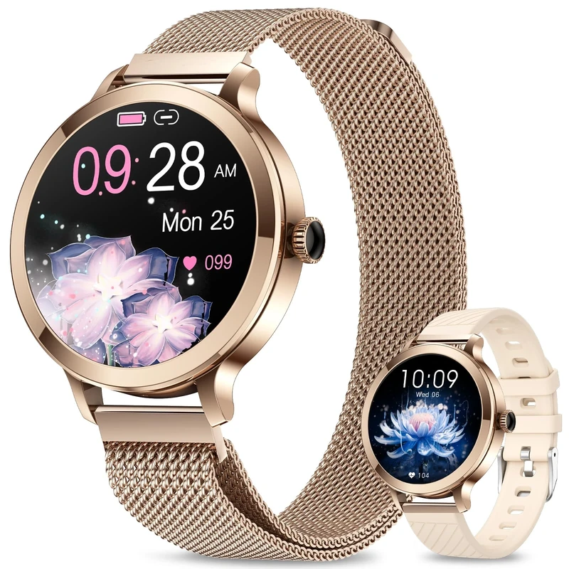 fitonyo Women's Smart Watch with Calls, 1.1 Inch AMOLED Round Smartwatch, Connected Watch with 110+ Sport/SpO2/BP/Heart Rate/Sleep Monitor, IP68 Fitness Tracker Android iOS Rose Gold