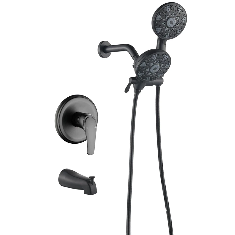 Complete Bath & Shower Set, Complete Bath Shower Set, Dual Shower Head & Handheld 2 in 1 Shower System with Bath Spout and Shower Trim Kit, Matte Black