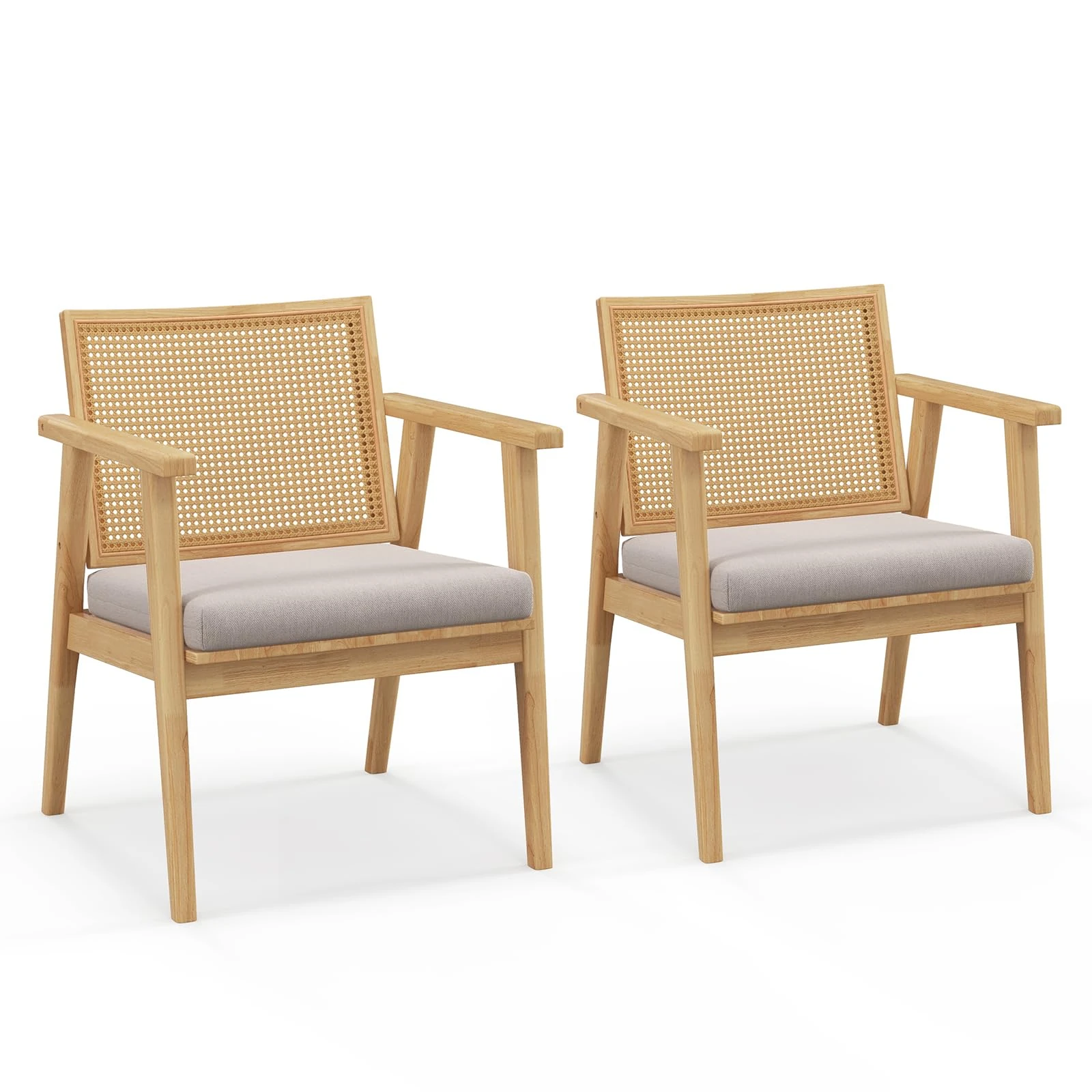 COSTWAY Accent Chairs Set of 2, Solid Wood Frame Comfy Lounge Armchairs with Rattan Backrest and Padded Seat Cushion, Modern Leisure Occasional Reading Chair for Living Room Bedroom, Natural (2PCS)