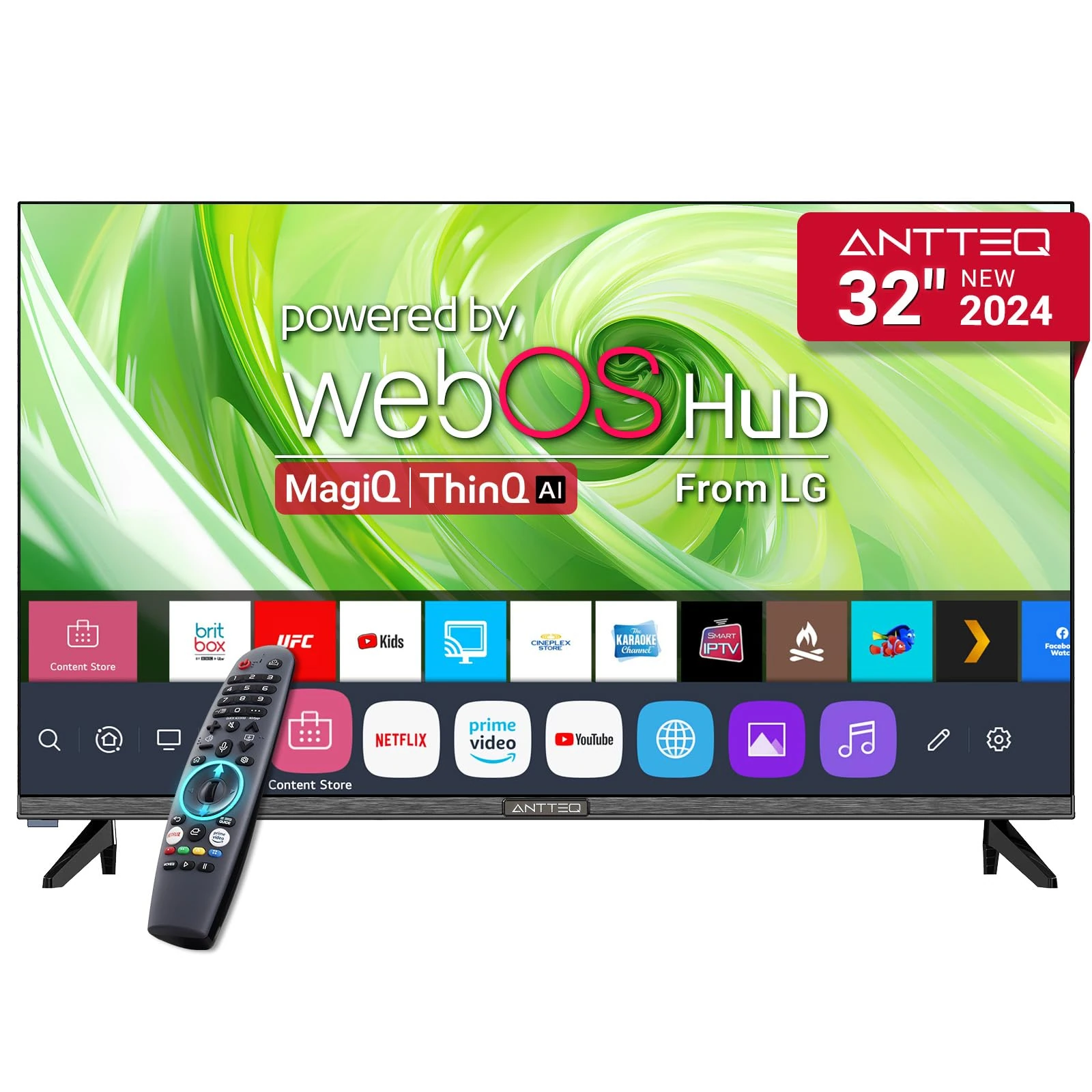 Antteq 32 Inch TV Smart WebOS Televisions MagiQ 32" with ThinQ AI, Voice Magic Remote, Airplay, Apple TV+, Netflix, Freeview, YouTube, WiFi, 2024 Black