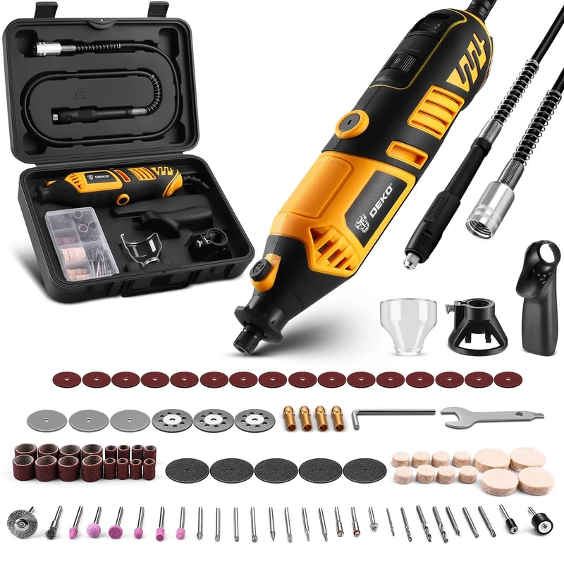 Power Rotary Tool Kit 170W: DEKOPRO 126pc Multi DIY Tool Kit for Wood/Metal - Mini Electric Sander/Drill Set with Flex Shaft for Carving, Cutting, Sanding, Grinding, Polishing, Engraving (Yellow)
