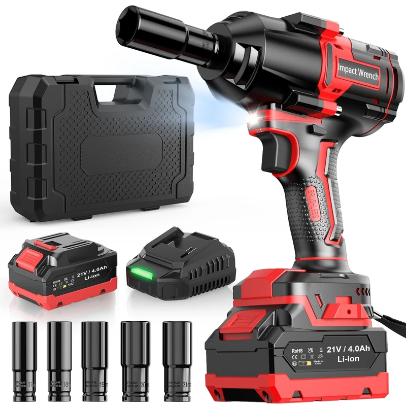 Bamse Cordless Impact Wrench, 1/2" Brushless Power Impact Gun 21V, 738Ft-lbs(1000N.m) High Torque Electric Impact Gun with Battery 4000mAh,Fast Charger & 5 Sockets,Power Impact Driver for Car and Home