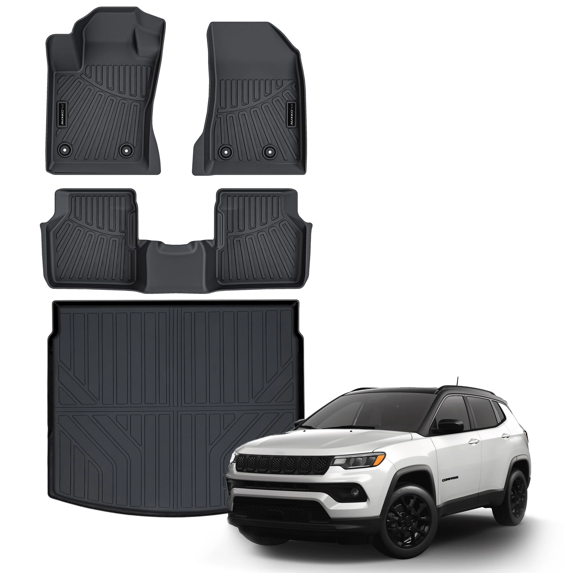 AUXKO All Weather Floor Mat & Cargo Mat Fit for Jeep Compass 2017-2024 TPE Rubber Liners Compass Accessories All Season Guard Odorless Anti-Slip Liner Black