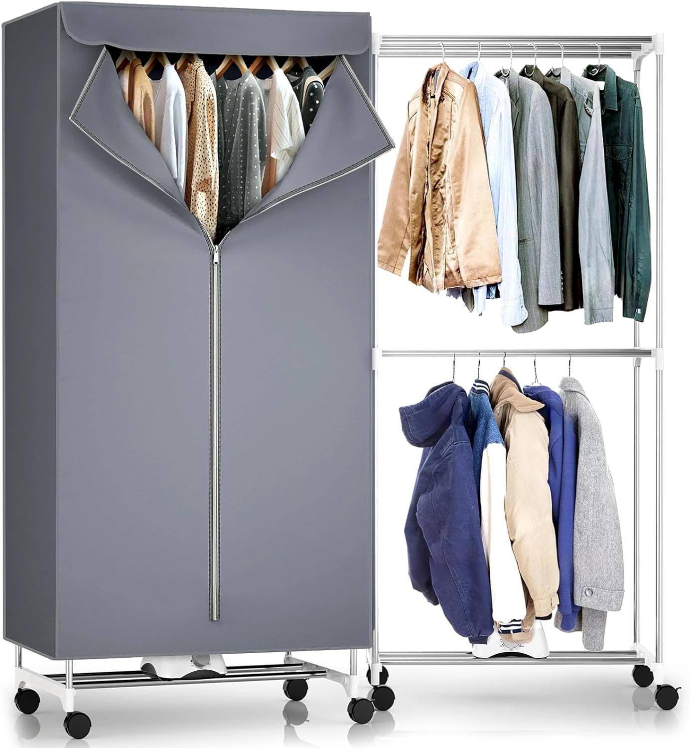 Yorking Electric Clothes Dryer with Cover, Energy-Efficient Heated Clothes Drying Rack 2-Tier Indoor Clothes Airer Laundry Fast Drying, Auto Power-Off