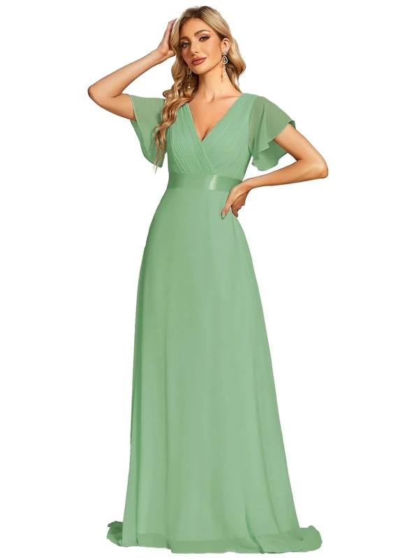 Ever-Pretty Women's Double V-Neck Short Flutter Sleeves Empire Waist Elegant Chiffon Long Evening Dresses Sage Green 22UK