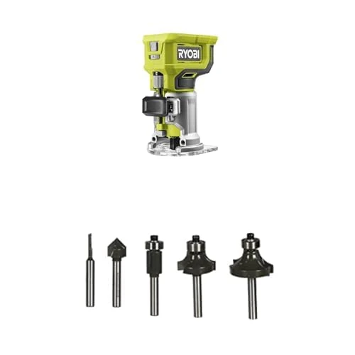 RYOBI RTR18-0 18V Cordless Trim Router + RYOBI RAKRBS5 Router Cutters, 5 Piece, 6 mm
