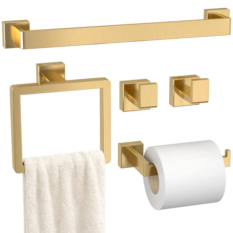 Bathroom Accessory Towel Bar Set: 5 Pieces Gold Bathroom Hardware Square SUS304 Stainless Steel - 24 Inch Wall Mounted Towel Rack&Toilet Paper Holder&Towel Ring and Towel Hook