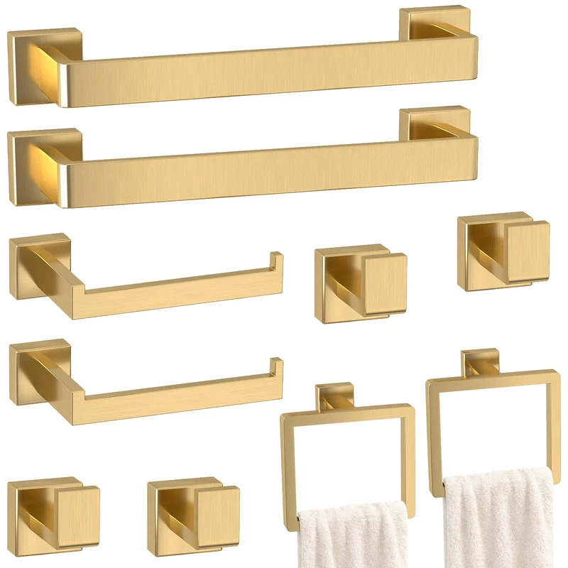 Bathroom Accessory Towel Bar Set: 10 Pieces Gold Bathroom Hardware Square SUS304 Stainless Steel - Wall Mounted Towel Rack&Toilet Paper Holder&Towel Ring and Towel Hook